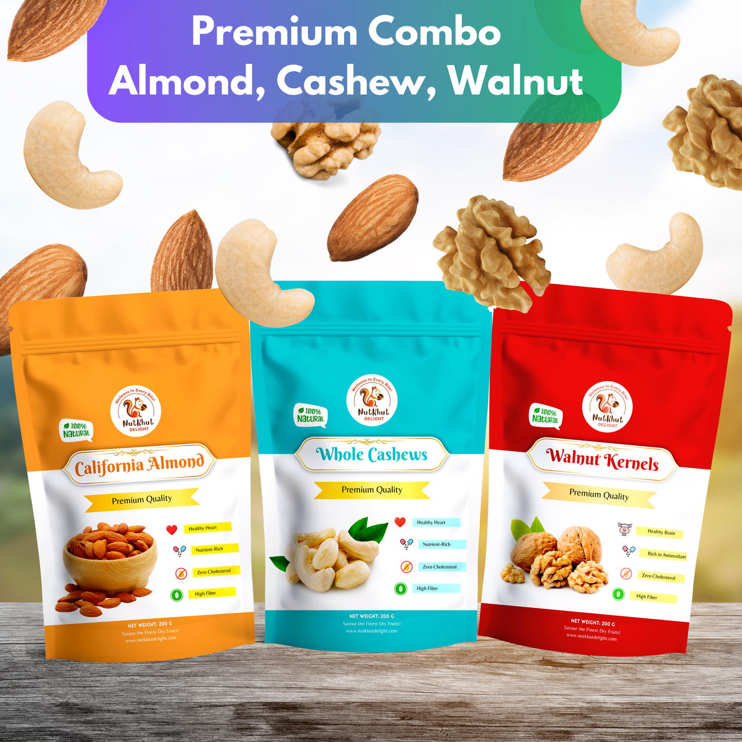 Premium Dry Fruits Combo Pack (Cashew, Almonds & Walnuts Kernels) Assorted Nuts (3 x 200 g)