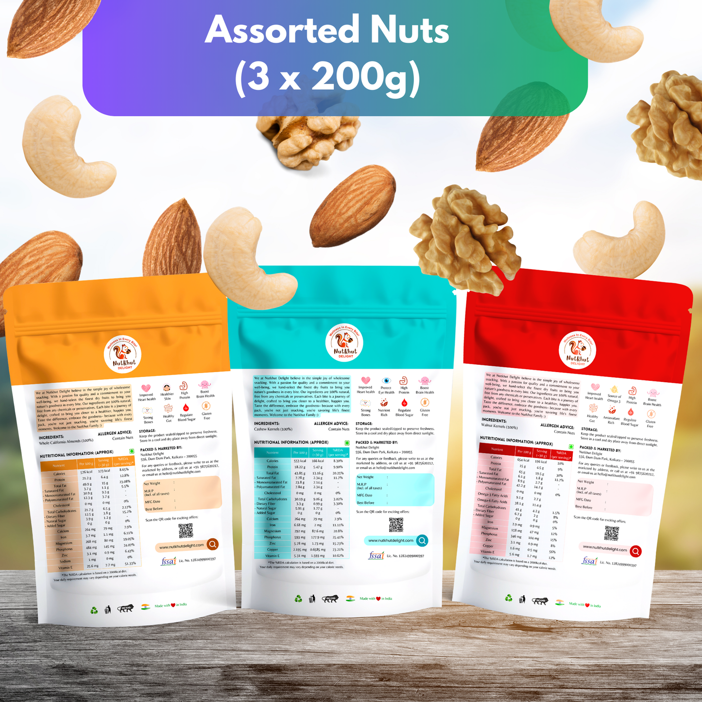 Premium Dry Fruits Combo Pack (Cashew, Almonds & Walnuts Kernels) Assorted Nuts (3 x 200 g)